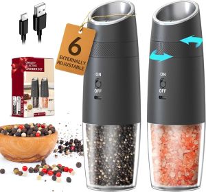 Gravity Electric Salt and Pepper Grinder Set Rechargeable Automatic Pepper and Salt Shakers with LED Light, External Adjustable Coarseness