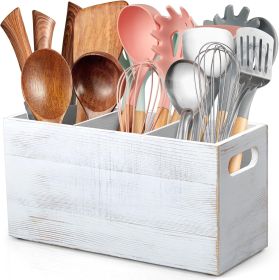 Rustic White Utensil Holder with Removable Divider - 3 Compartment Wooden Utensil Caddy Organizer for Kitchen Counter - Cooking Utensil Crock for Coun