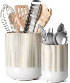 Utensil Holder for Kitchen Counter, 7.3"+5.4" Fluted Ceramic Utensil Crock Organizer for Countertop, Heavy Large Holder for Spatulas, Spoons, Set of 2