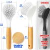 3 Pack Dish Brush Set with Bamboo Handle, Kitchen Cleaner for Cleaning Pasta Plate, Salad Bowl, Scrubber with Soft Bristles, Blanco